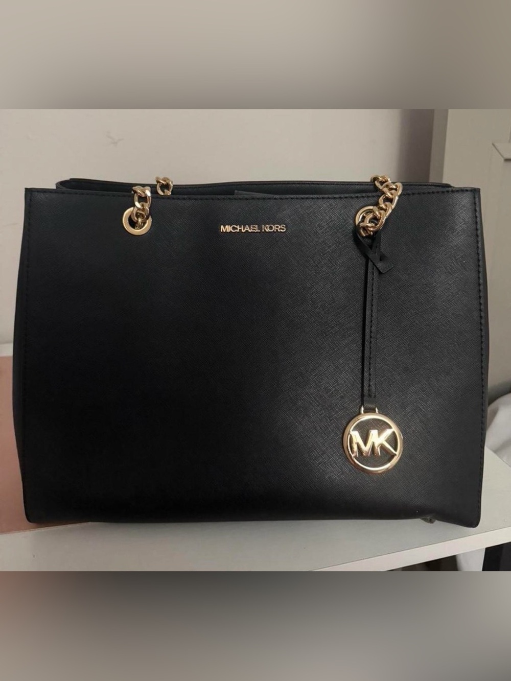 🖤 Michael Kors Susannah Large Leather Tote Black Gold Chain Shoulder Bag